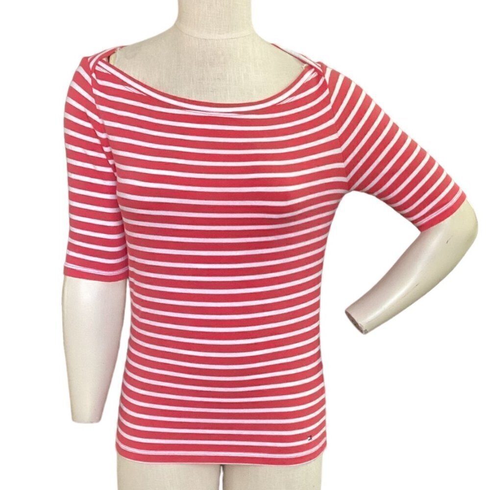 Tommy Hilfiger Striped Boatneck Half Sleeve‎ Top M Red & White 146E